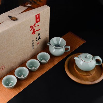 哥窑茶具套装 冰裂哥窑公道杯竹盘中式家用功夫茶具套装