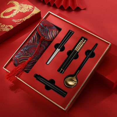  镶银筷子 黑檀木999银中式筷子家用银筷子银勺子套装礼盒