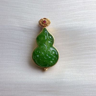 18k金和田玉吊坠葫芦 花雕工艺福禄香囊可打开挂坠民族风