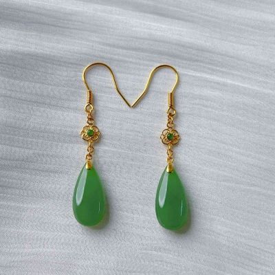 足金和田玉耳饰 水滴形耳钩