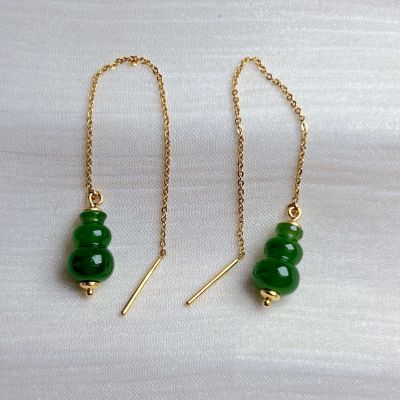 足金和田玉耳饰 立体葫芦长款耳坠