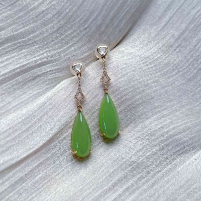 和田玉耳坠 水滴形耳饰18K金镶