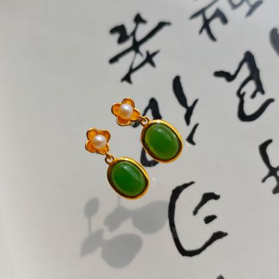 S925银和田玉 碧玉耳钉