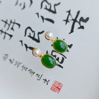 S925银和田玉 碧玉耳钉