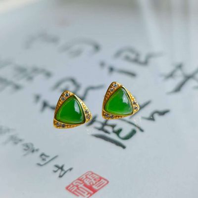 S925银和田玉 碧玉耳钉