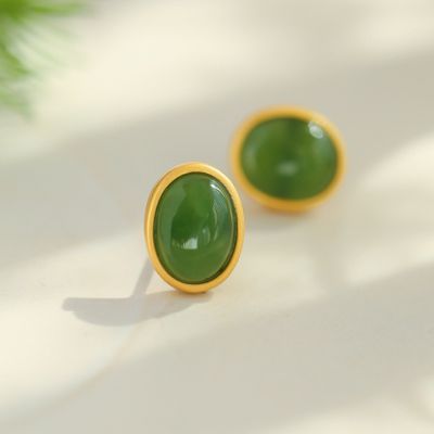 S925银和田玉 碧玉耳钉
