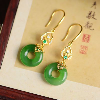 S925银和田玉 碧玉耳坠