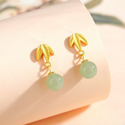 S925银和田玉 碧玉耳钉