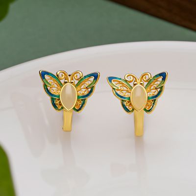 和田玉国潮景泰蓝 蝴蝶镂空耳环