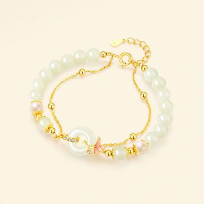 S925银和田玉 珍珠手链玉兰花